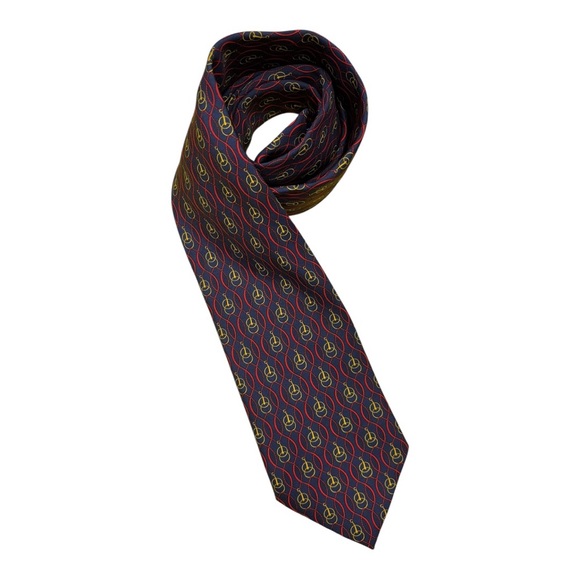 Burberry Navy 100% Silk Red Swirls Gold Circles Graphic Mns Tie - Picture 1 of 3